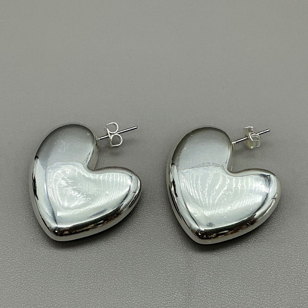 Heart Hoop Earrings Women Silver Tone Puffy Chunky Statement High Polish Jewelry